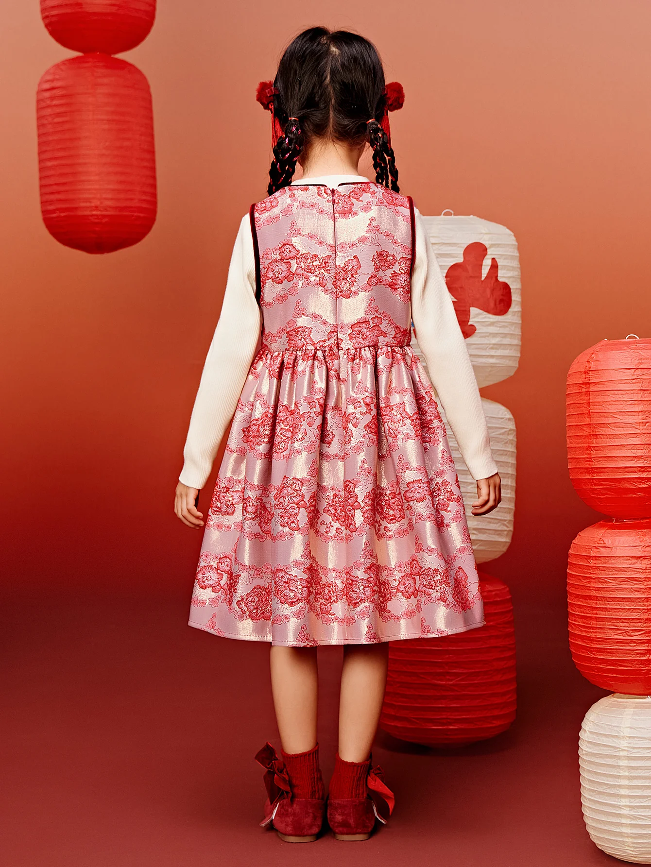 minibala Baby Girl Soft and skin-friendly new Chinese style sweet vest jumpsuit New Year's greeting dress - Image 3