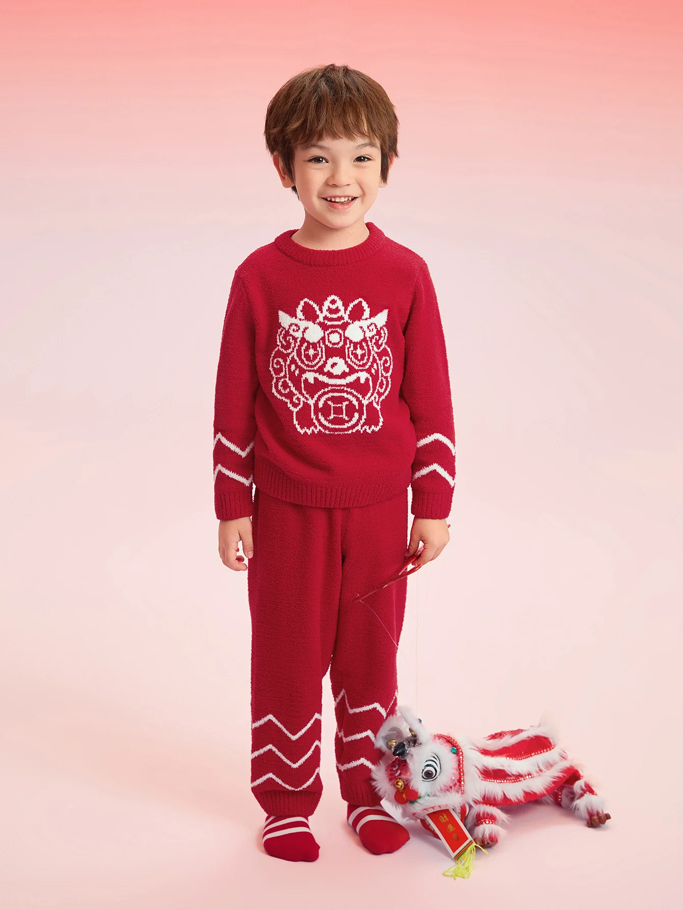 Balabala Baby Pajama Suit Winter Thickened Half Fleece Boy And Girl Home-Wear Red Animal Year - Image 3