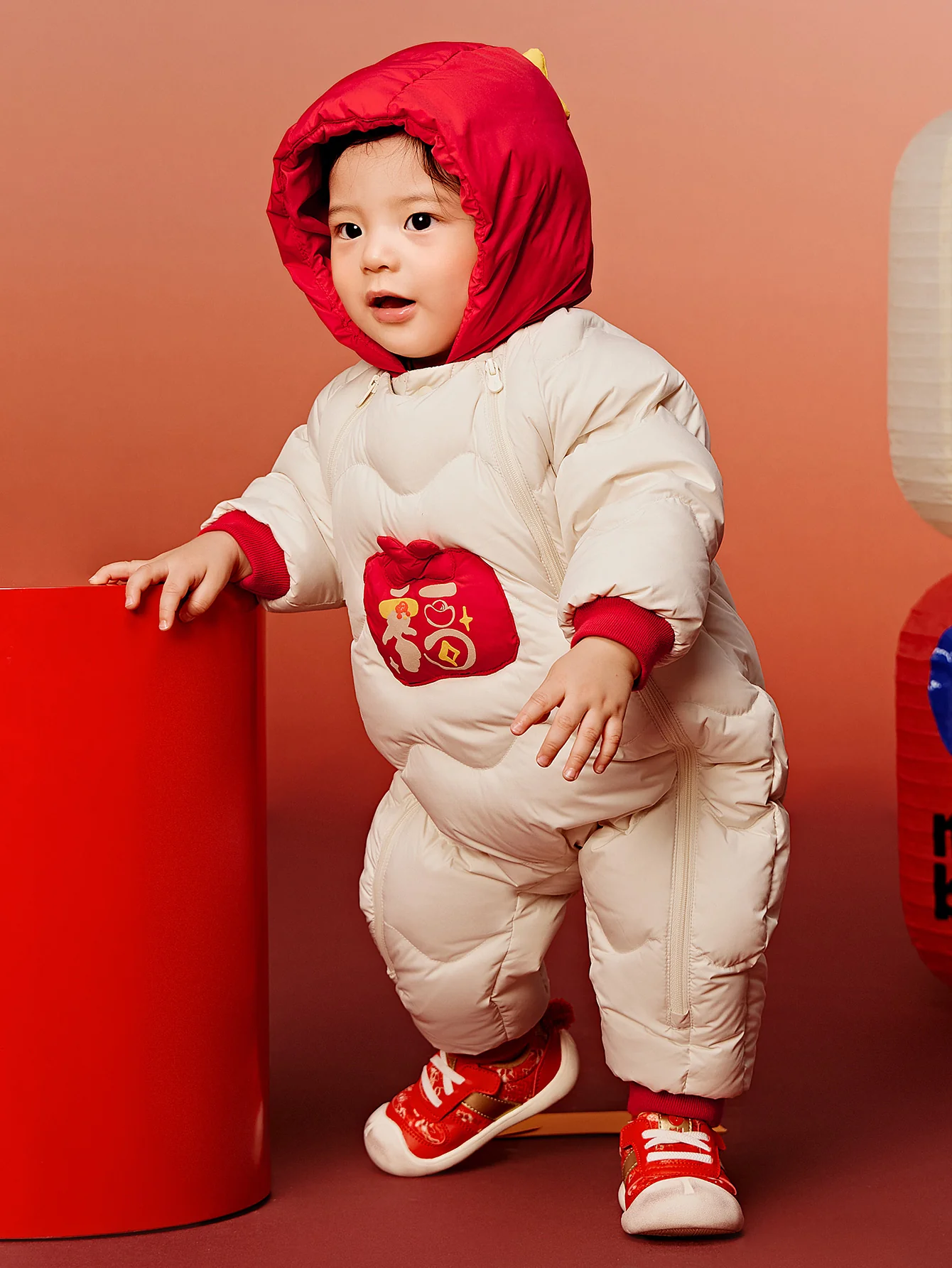 minibala Baby Unisex Down Jacket Jumpsuit New Year's Greetings Suit with Built-in Belly Protection Vest - Image 2