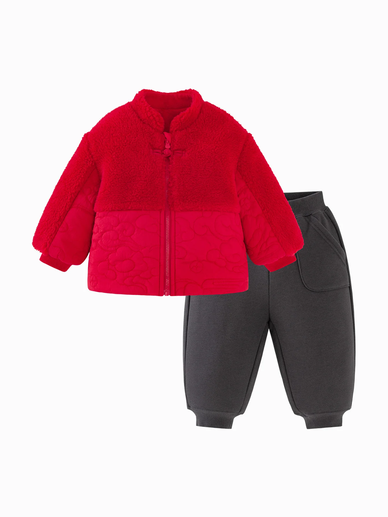 minibala Baby Unisex Comfortable Thick Plush Open-front Cotton New Year Greetings Suit Two-piece Set - Image 4