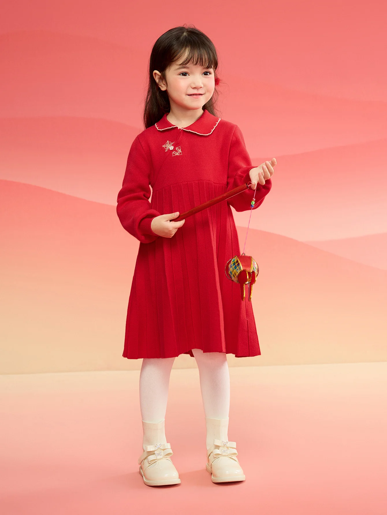 Balabala Girl New Year's Chinese Style Red Knitted Dress Winter Pleated Princess Dress - Image 3