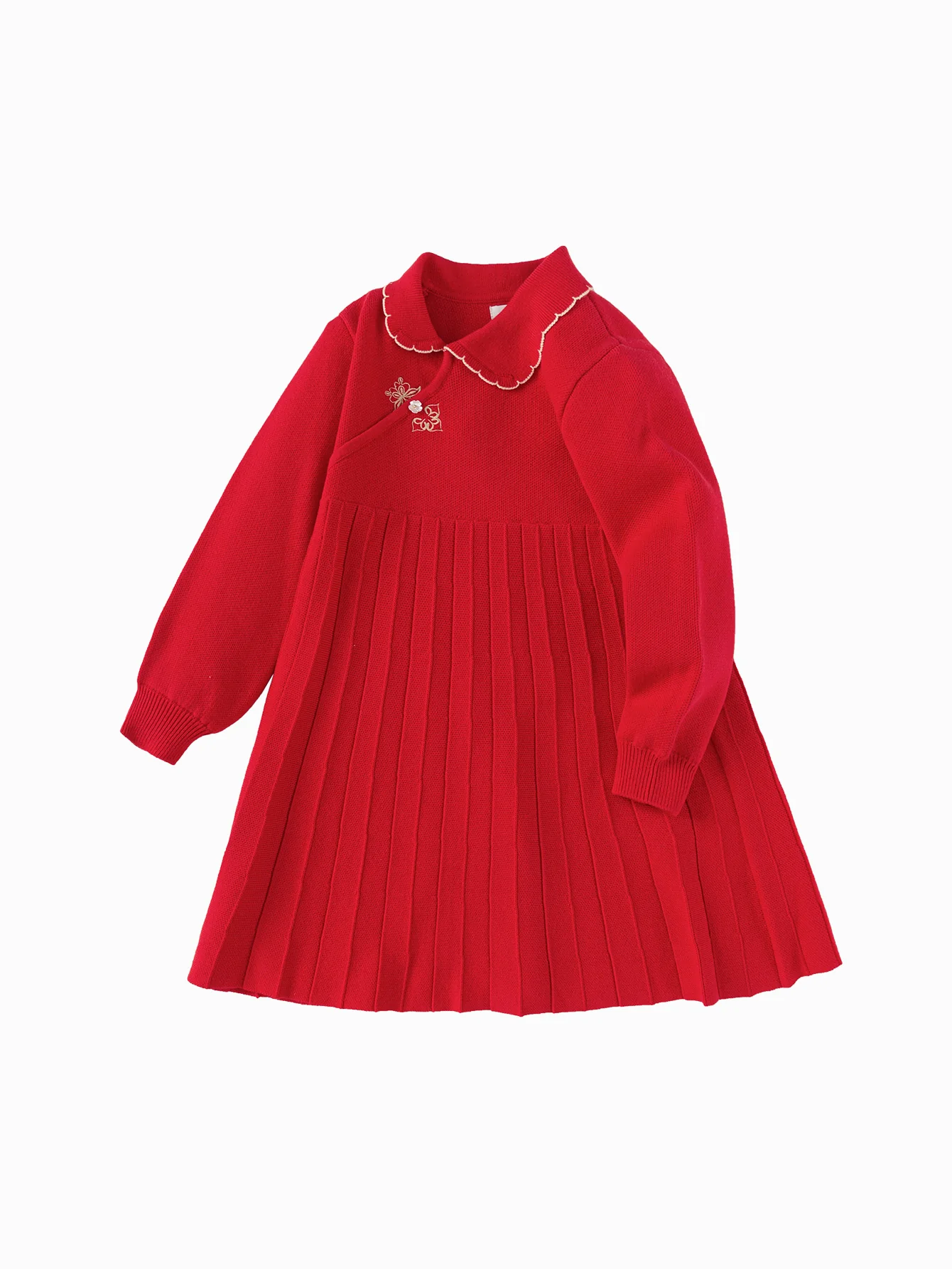 Balabala Girl New Year's Chinese Style Red Knitted Dress Winter Pleated Princess Dress - Image 4