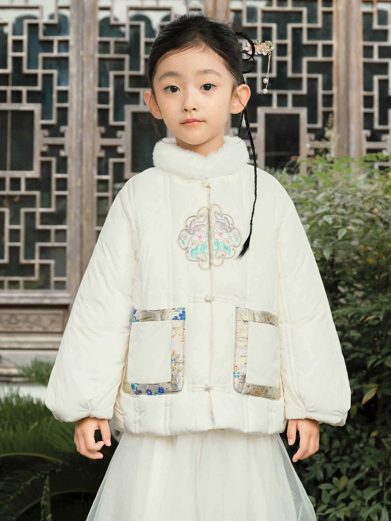 Girl Toddler Stitching Embroidery Mesh Button Cotton Coat - Image 7