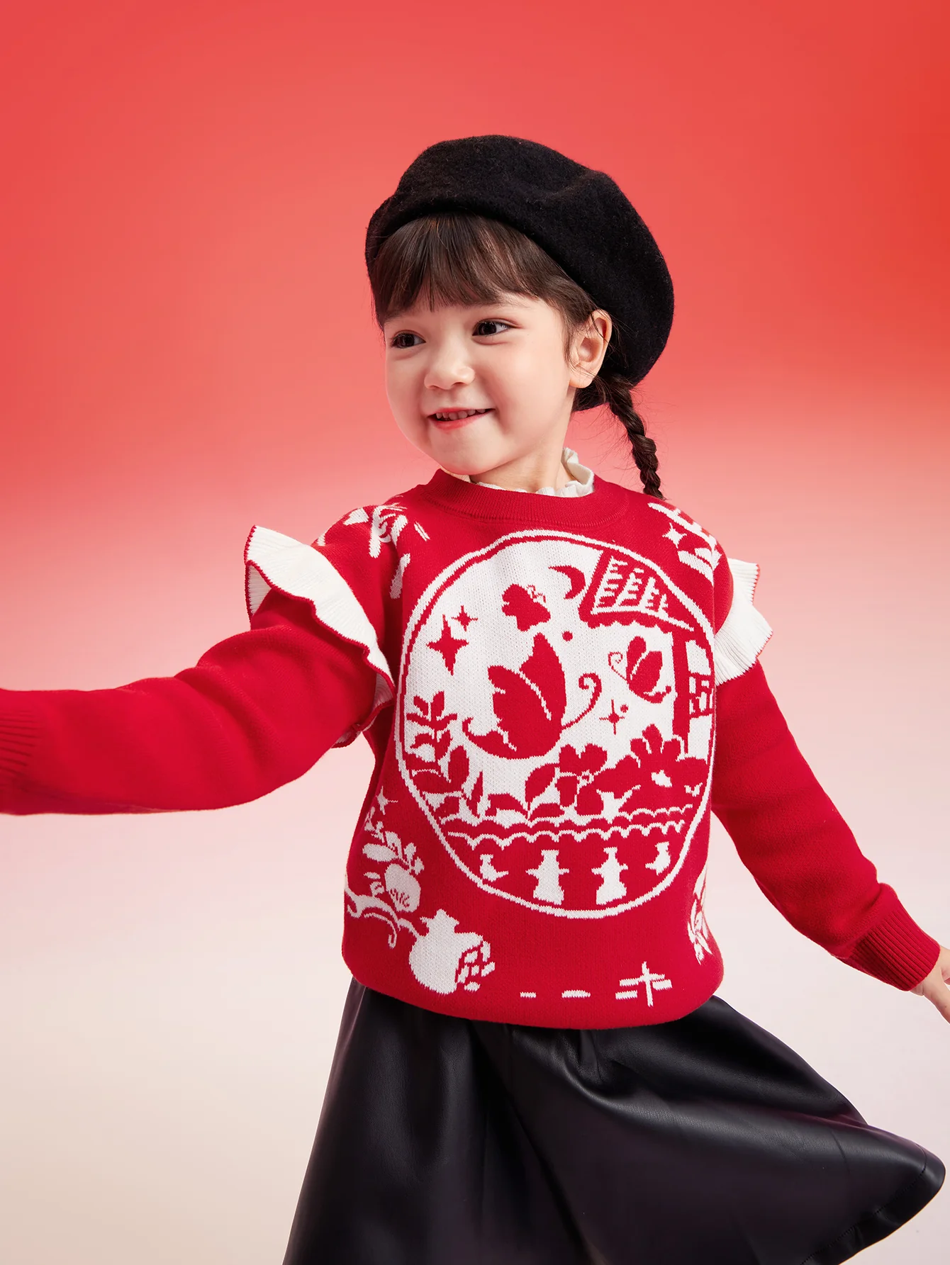 Balabala Girls Sweater Children Jacquard Knitwear 2024 Winter New Color-Block Knitwear Top Red Fashion