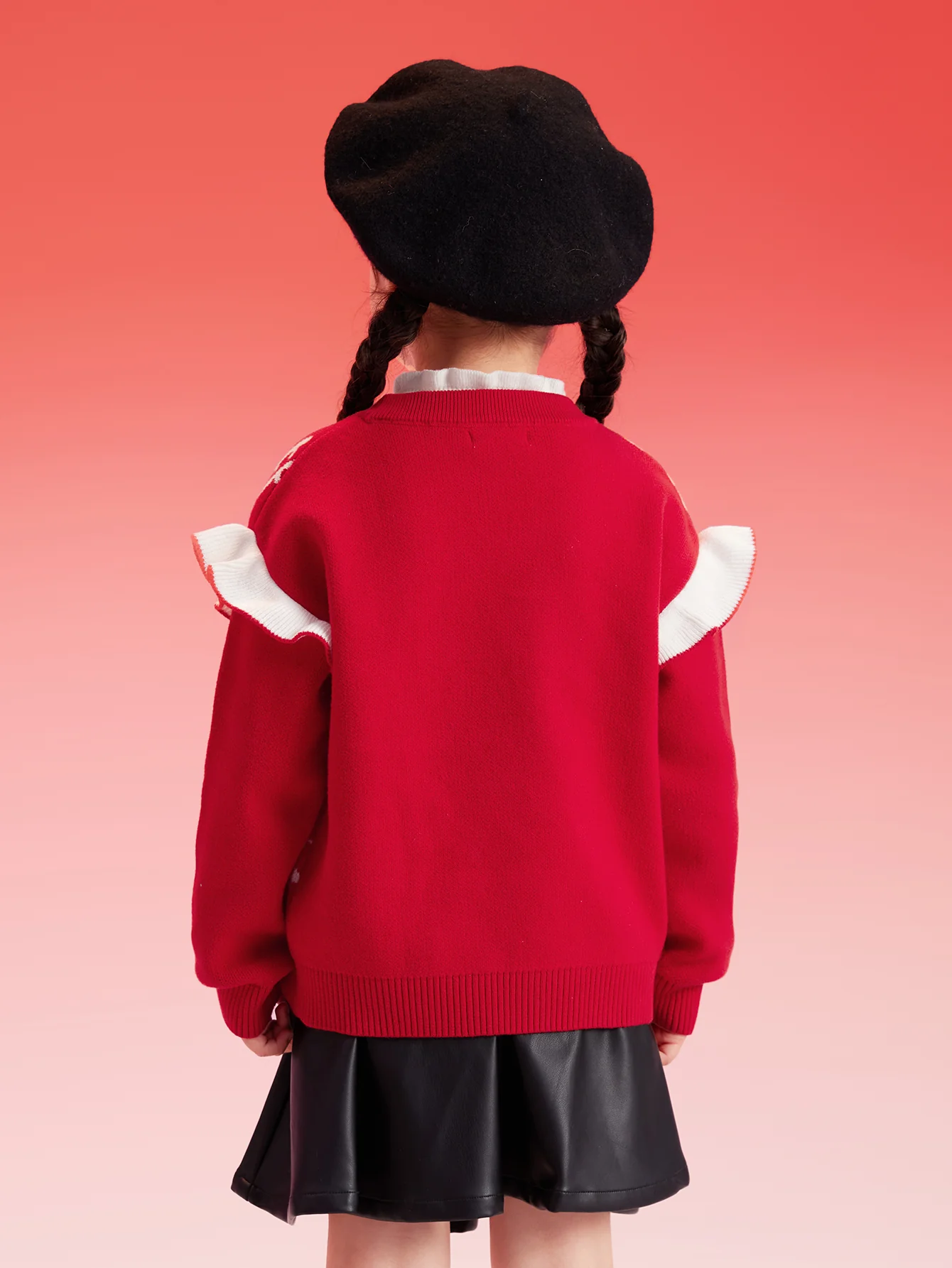 Balabala Girls Sweater Children Jacquard Knitwear 2024 Winter New Color-Block Knitwear Top Red Fashion - Image 2