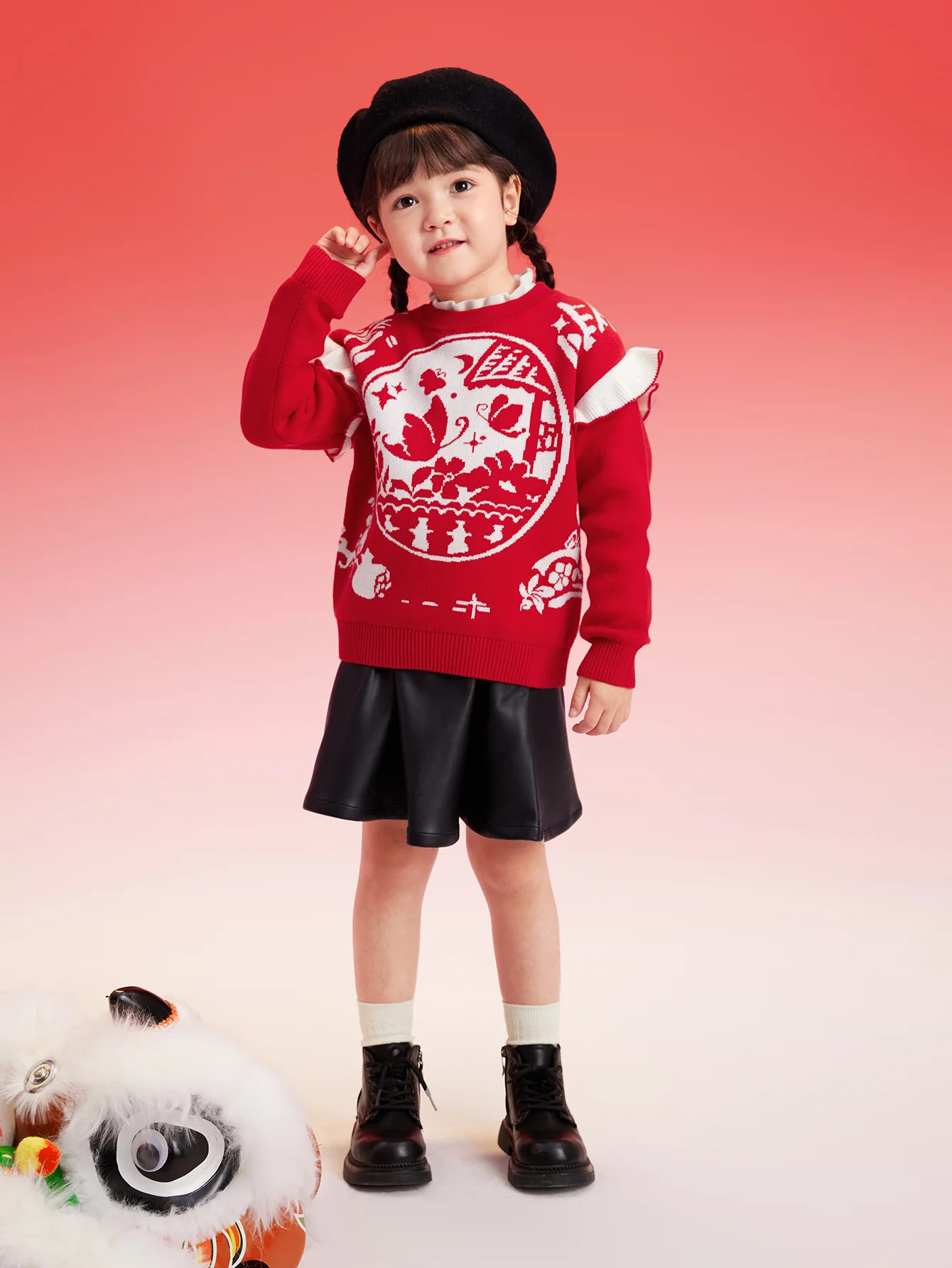 Balabala Girls Sweater Children Jacquard Knitwear 2024 Winter New Color-Block Knitwear Top Red Fashion - Image 3