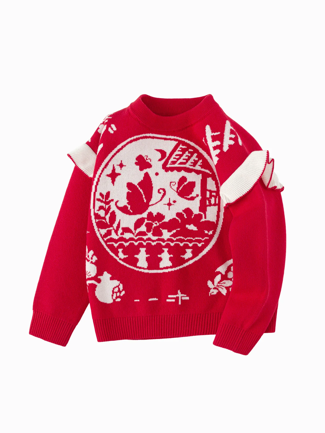 Balabala Girls Sweater Children Jacquard Knitwear 2024 Winter New Color-Block Knitwear Top Red Fashion - Image 4