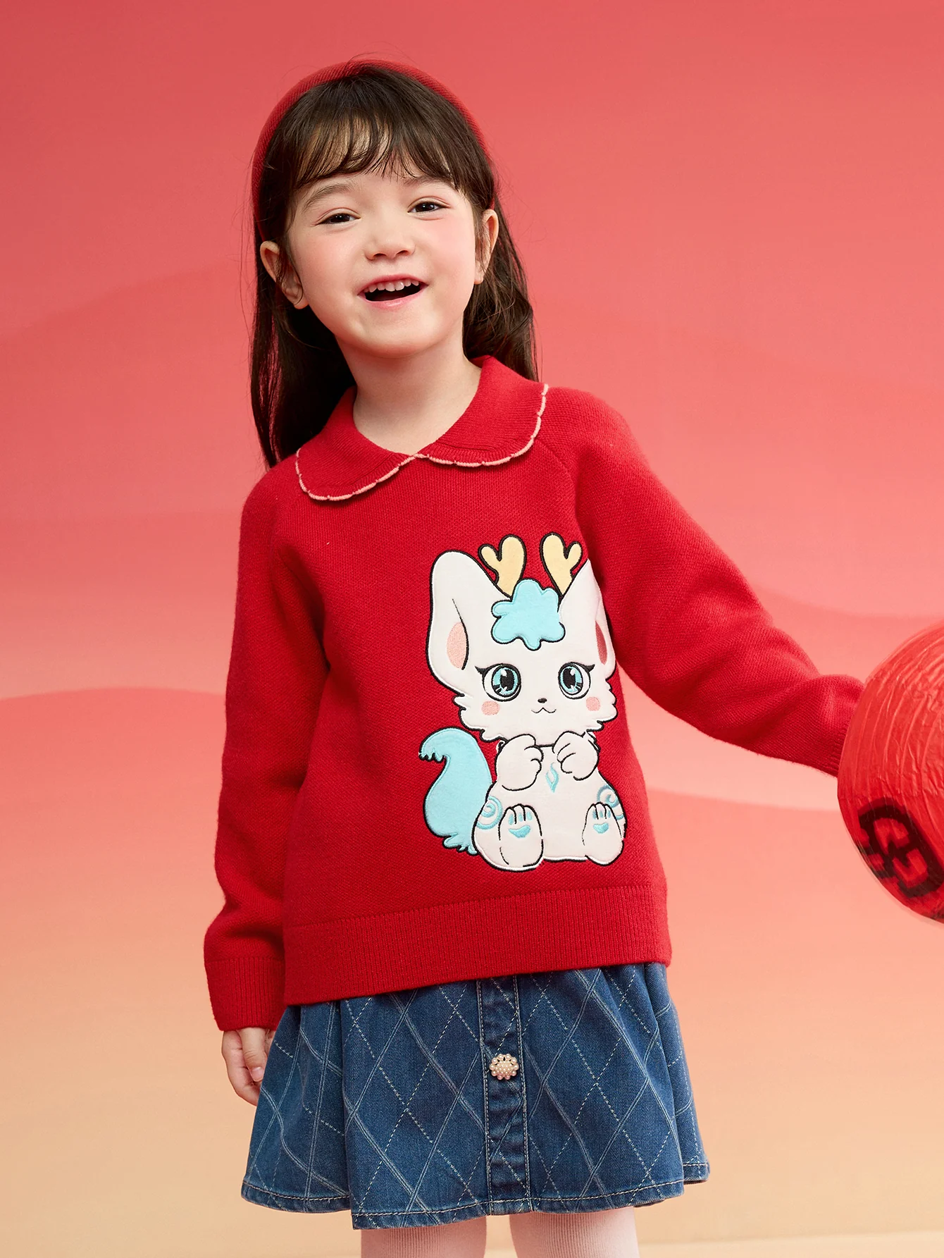 Balabala Girls Sweater 2024 New Winter Kids Knitwear Top New Year's Red Fashion Exquisite Trendy
